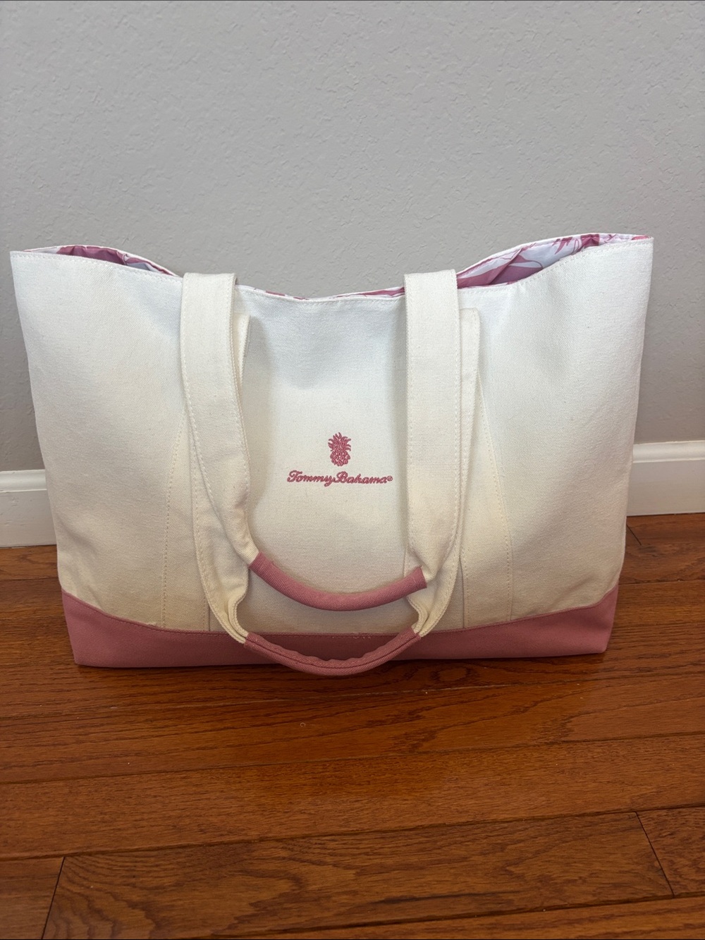 New Tommy Bahama Pink White Canvas Tote Bag